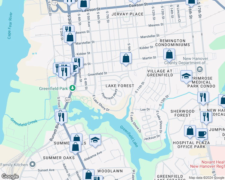 map of restaurants, bars, coffee shops, grocery stores, and more near 31 Pinecrest Parkway in Wilmington