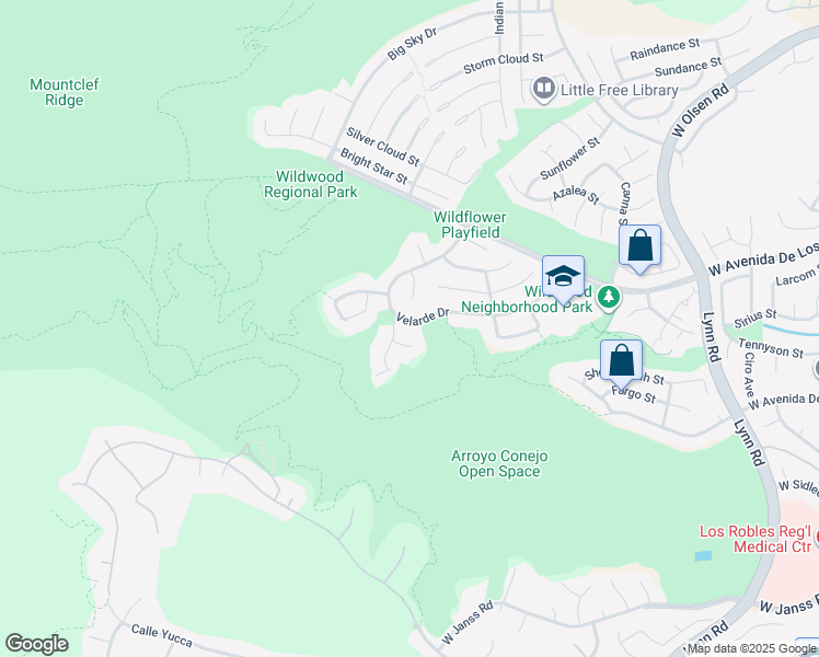 map of restaurants, bars, coffee shops, grocery stores, and more near 2671 Velarde Drive in Thousand Oaks