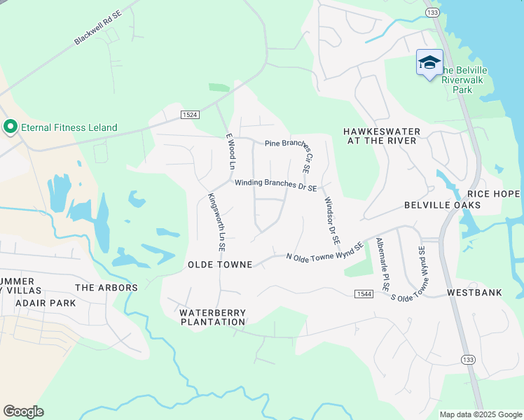 map of restaurants, bars, coffee shops, grocery stores, and more near 479 Maple Branches Drive in Leland