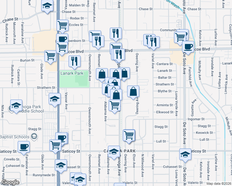 map of restaurants, bars, coffee shops, grocery stores, and more near 21410 Strathern Street in Los Angeles