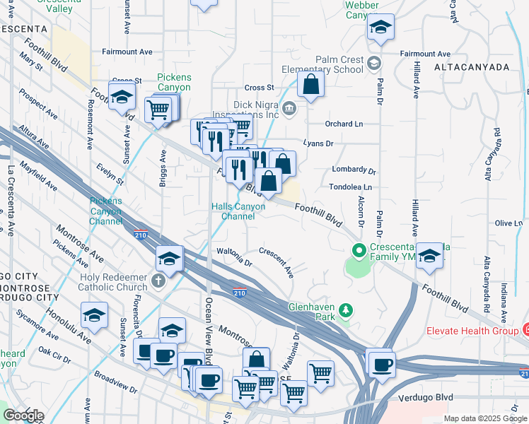 map of restaurants, bars, coffee shops, grocery stores, and more near 2159 La Canada Crest Drive in La Cañada Flintridge
