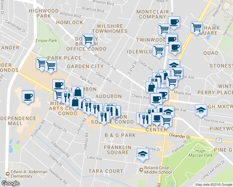 map of restaurants, bars, coffee shops, grocery stores, and more near 4101 Park Avenue in Wilmington