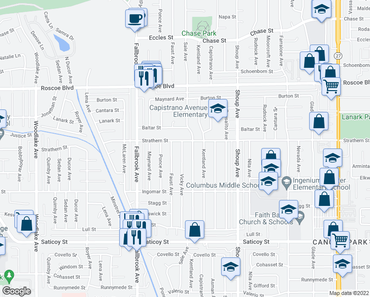 map of restaurants, bars, coffee shops, grocery stores, and more near 7942 Vicky Avenue in Los Angeles