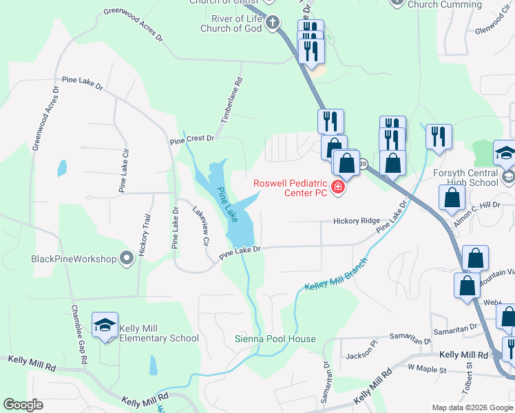 map of restaurants, bars, coffee shops, grocery stores, and more near 107 Sonnet Drive in Cumming
