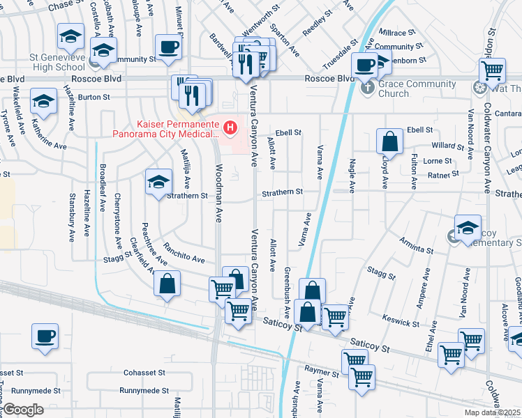 map of restaurants, bars, coffee shops, grocery stores, and more near 7938 Ventura Canyon Avenue in Los Angeles