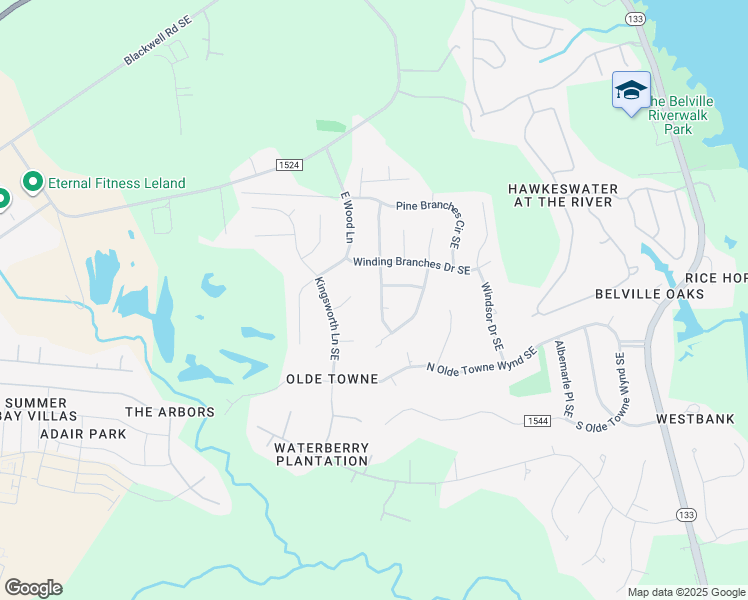 map of restaurants, bars, coffee shops, grocery stores, and more near 479 Maple Branches Drive in Leland
