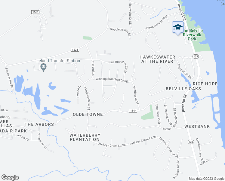 map of restaurants, bars, coffee shops, grocery stores, and more near 709 Oak Branches Close Southeast in Leland