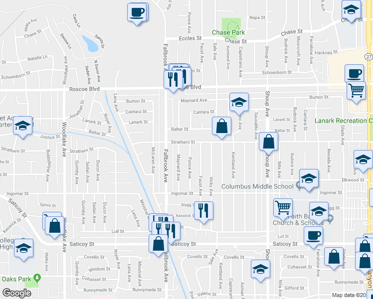 map of restaurants, bars, coffee shops, grocery stores, and more near 7943 Ponce Avenue in Los Angeles