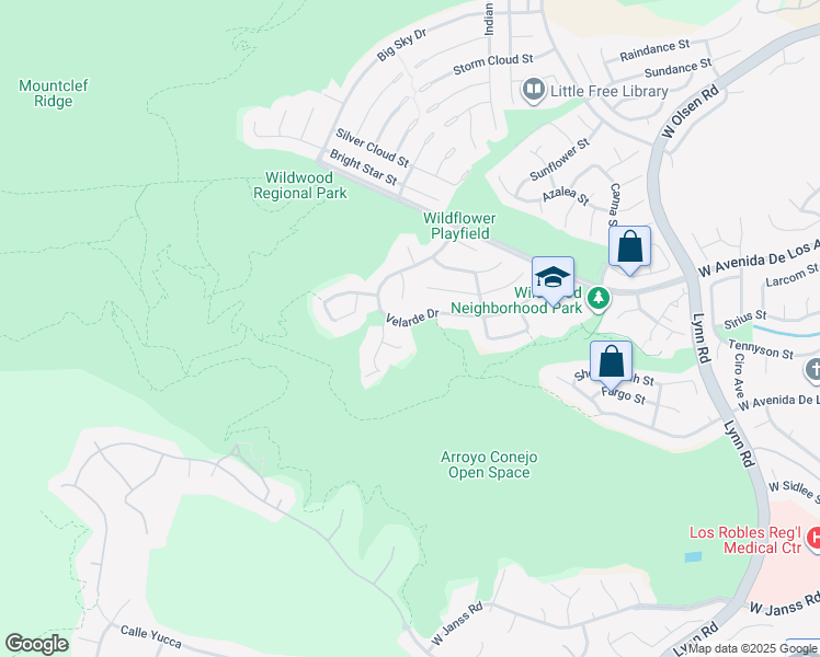 map of restaurants, bars, coffee shops, grocery stores, and more near 2671 Velarde Drive in Thousand Oaks