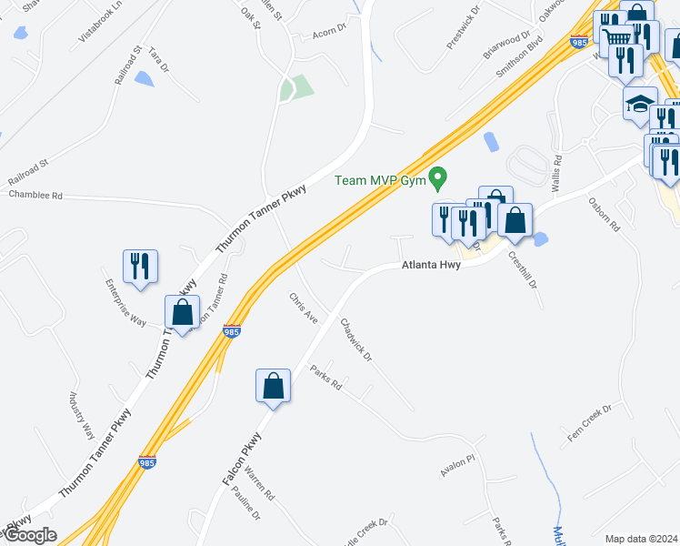 map of restaurants, bars, coffee shops, grocery stores, and more near 3749 Old Plainview Road in Flowery Branch