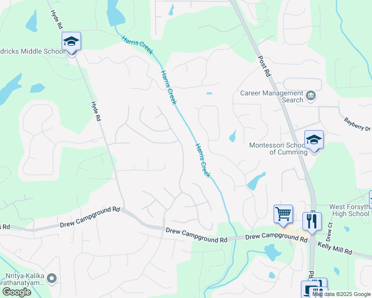 map of restaurants, bars, coffee shops, grocery stores, and more near 4120 Agard Street in Cumming