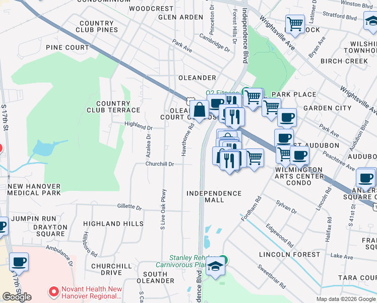 map of restaurants, bars, coffee shops, grocery stores, and more near 1713 Hawthorne Road in Wilmington