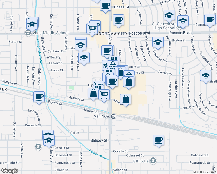 map of restaurants, bars, coffee shops, grocery stores, and more near 7927 Van Nuys Boulevard in Los Angeles