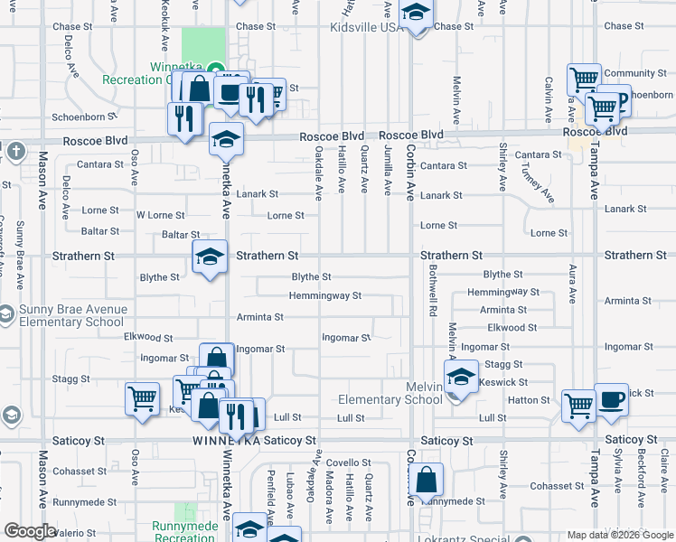 map of restaurants, bars, coffee shops, grocery stores, and more near 19833 Blythe Street in Los Angeles