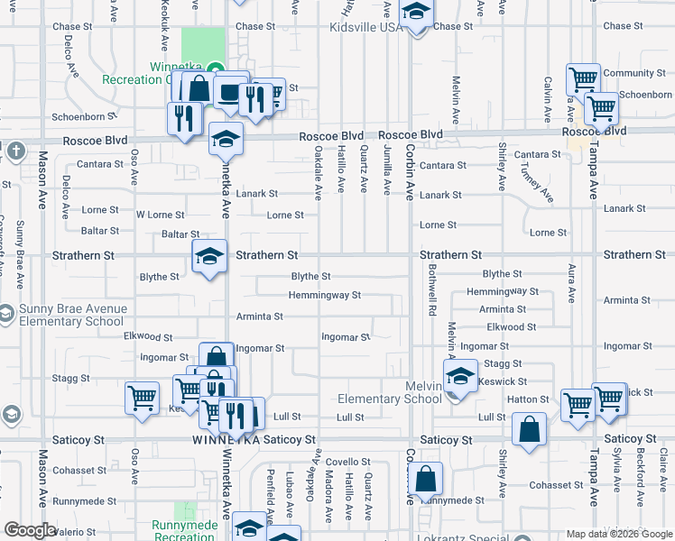 map of restaurants, bars, coffee shops, grocery stores, and more near 19839 Blythe Street in Los Angeles