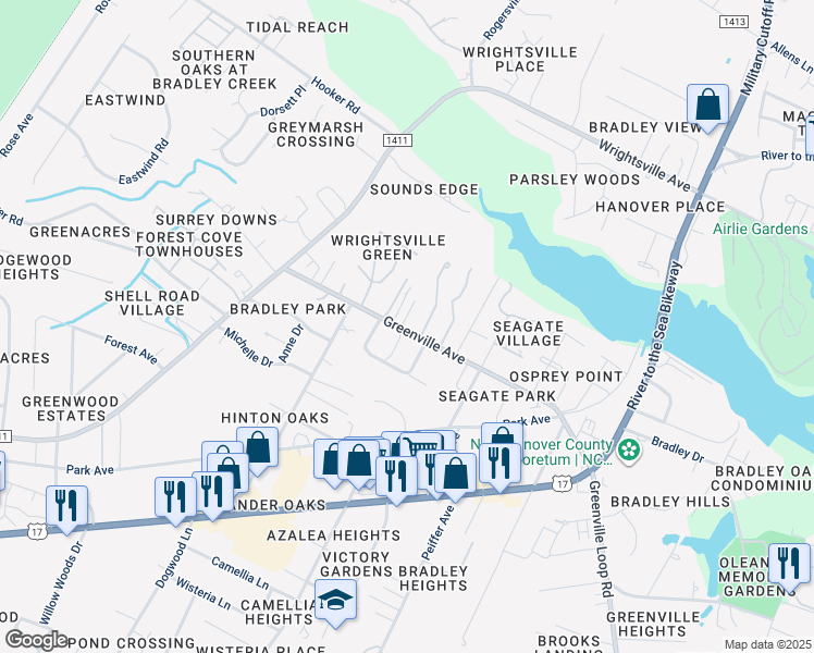map of restaurants, bars, coffee shops, grocery stores, and more near 240 Greenville Avenue in Wilmington