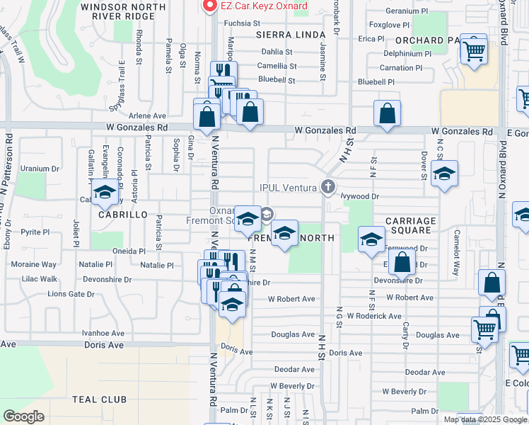 map of restaurants, bars, coffee shops, grocery stores, and more near 1321 Lakehurst Street in Oxnard