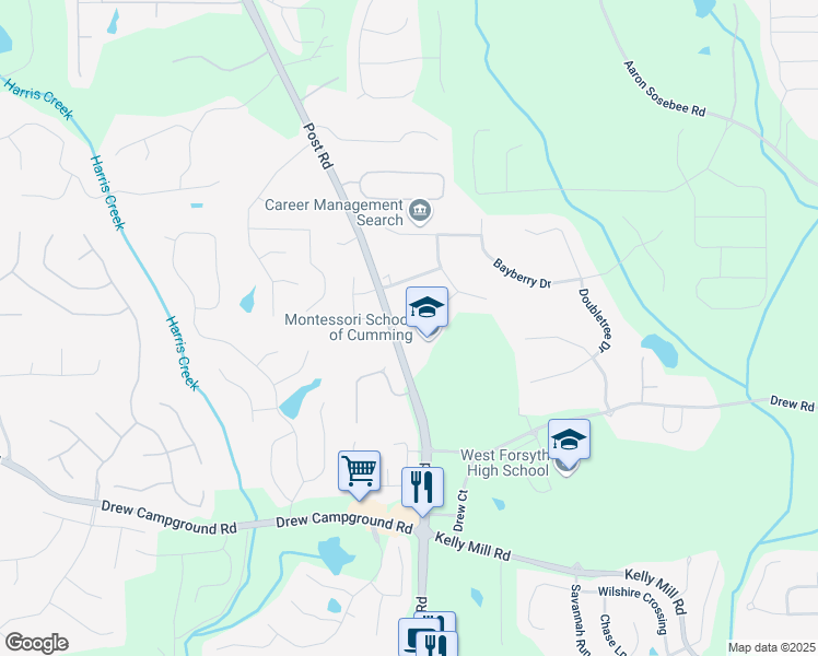map of restaurants, bars, coffee shops, grocery stores, and more near 4545 Canterbury Court in Cumming