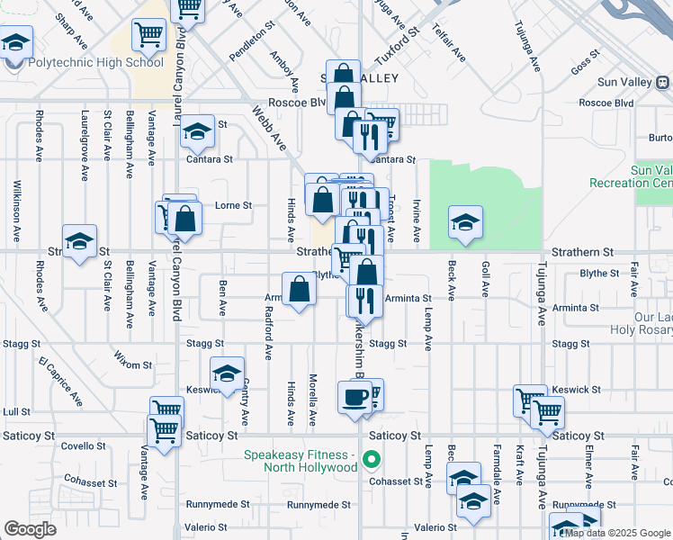 map of restaurants, bars, coffee shops, grocery stores, and more near 11733 Blythe Street in Los Angeles