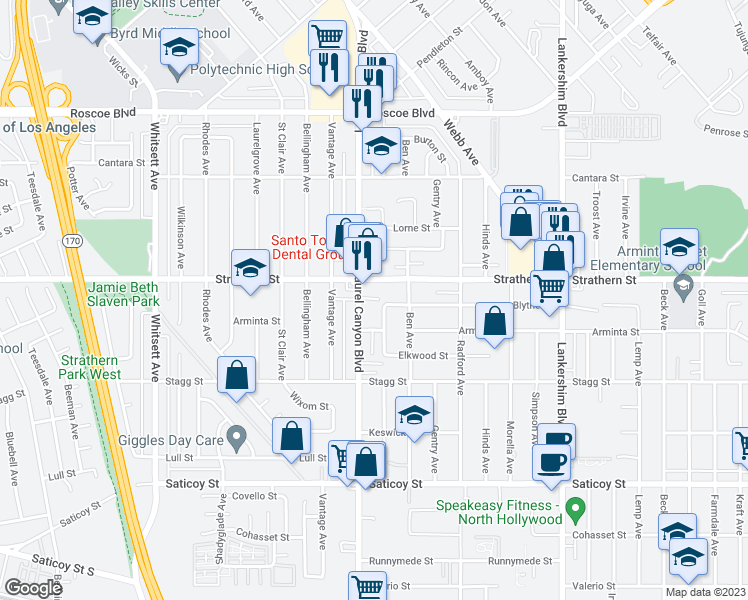 map of restaurants, bars, coffee shops, grocery stores, and more near in Los Angeles