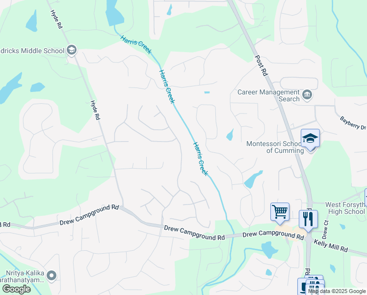 map of restaurants, bars, coffee shops, grocery stores, and more near 4120 Agard Street in Cumming