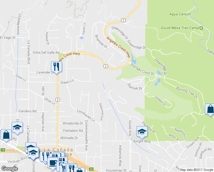 map of restaurants, bars, coffee shops, grocery stores, and more near 5271 Gould Avenue in La Cañada Flintridge