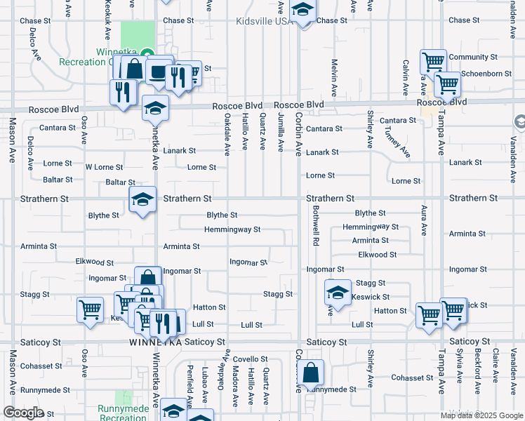 map of restaurants, bars, coffee shops, grocery stores, and more near 19803 Blythe Street in Los Angeles