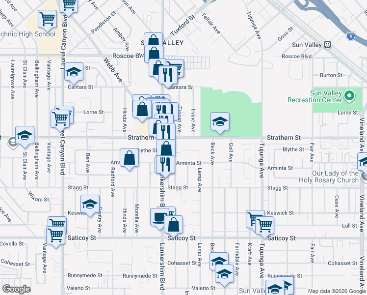 map of restaurants, bars, coffee shops, grocery stores, and more near 11641 Blythe Street in Los Angeles
