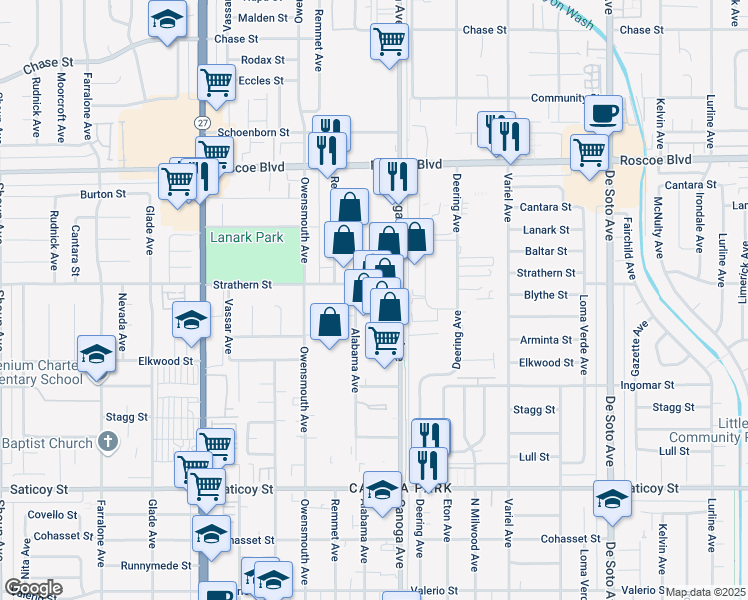 map of restaurants, bars, coffee shops, grocery stores, and more near 7946 Alabama Avenue in Los Angeles