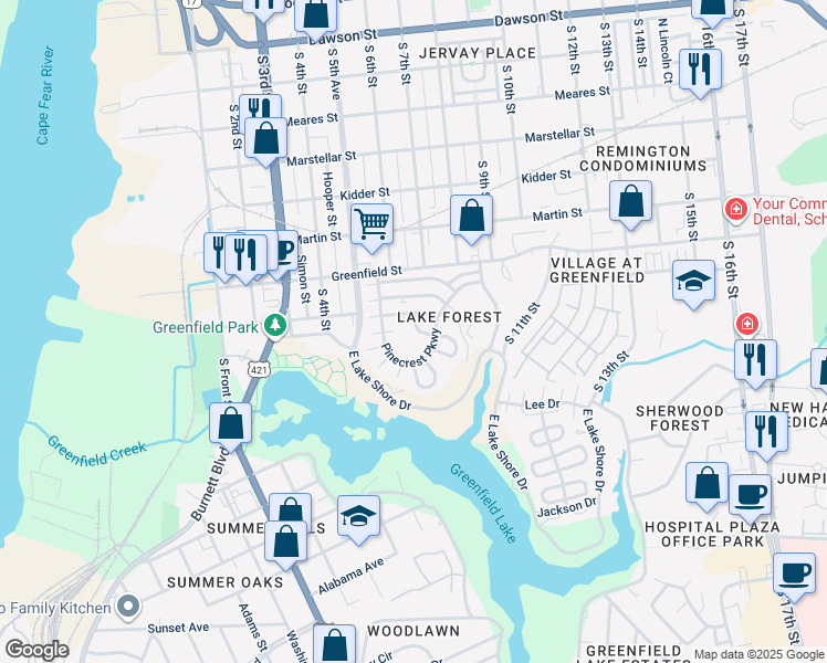 map of restaurants, bars, coffee shops, grocery stores, and more near 210 Pinecrest Parkway in Wilmington