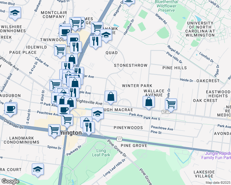 map of restaurants, bars, coffee shops, grocery stores, and more near 310 Brickle Avenue in Wilmington