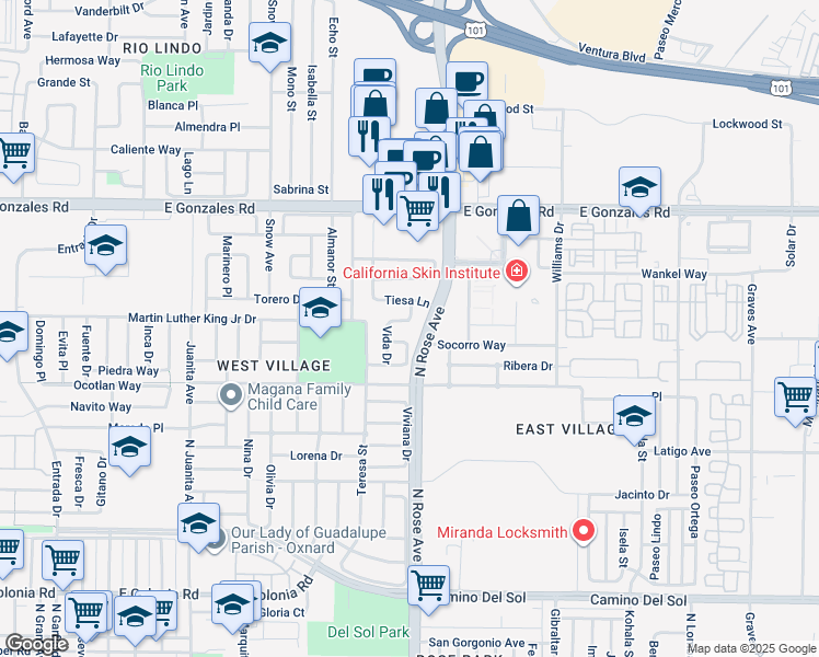 map of restaurants, bars, coffee shops, grocery stores, and more near 1444 Vida Drive in Oxnard