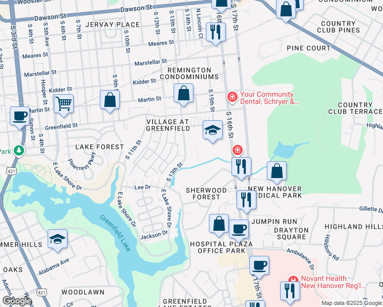 map of restaurants, bars, coffee shops, grocery stores, and more near 1805 South 13th Street in Wilmington