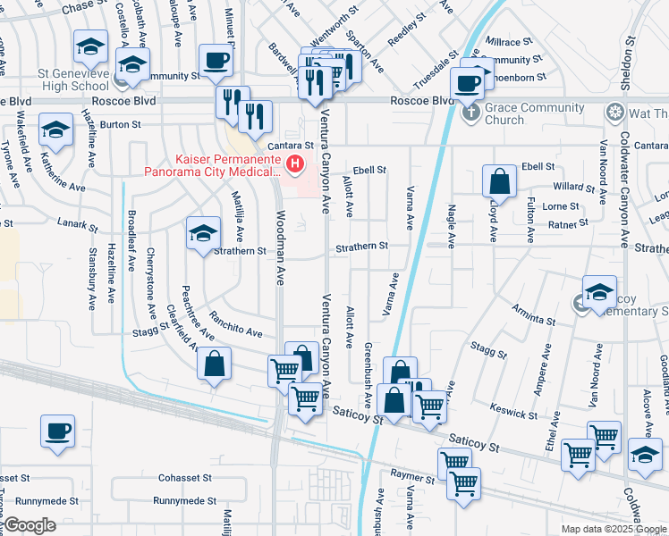map of restaurants, bars, coffee shops, grocery stores, and more near 7938 Ventura Canyon Avenue in Los Angeles