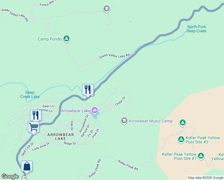 map of restaurants, bars, coffee shops, grocery stores, and more near Woodland Court in San Bernardino County