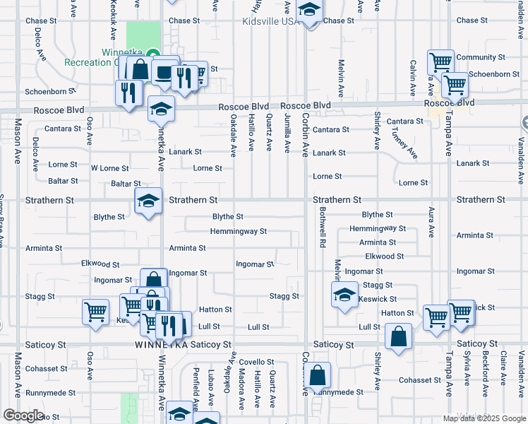 map of restaurants, bars, coffee shops, grocery stores, and more near 19807 Blythe Street in Los Angeles