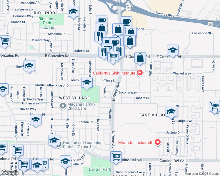 map of restaurants, bars, coffee shops, grocery stores, and more near 1444 Vida Drive in Oxnard
