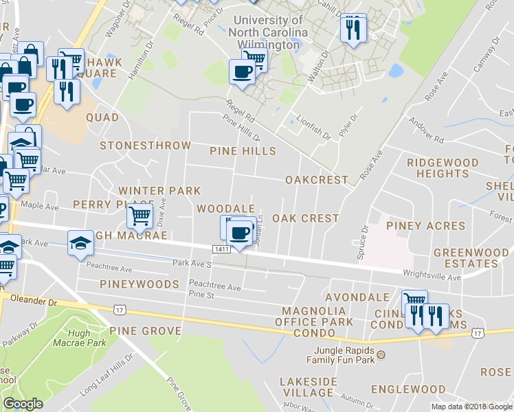 map of restaurants, bars, coffee shops, grocery stores, and more near 224 Woodland Drive in Wilmington