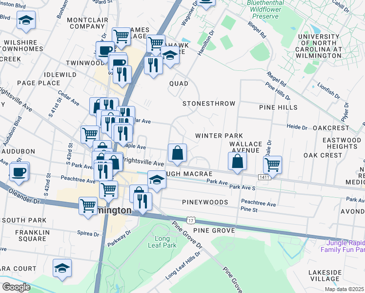 map of restaurants, bars, coffee shops, grocery stores, and more near 318 Brickle Avenue in Wilmington