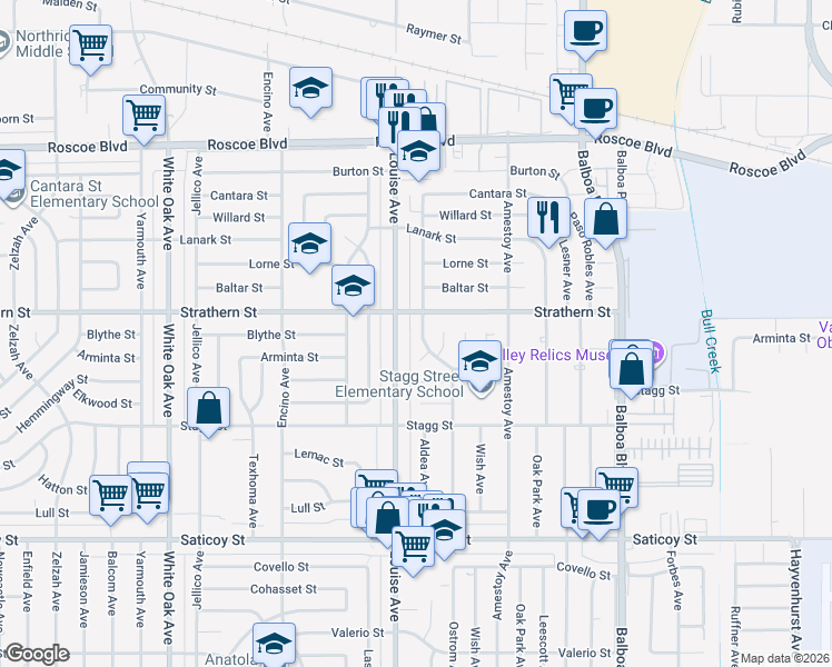 map of restaurants, bars, coffee shops, grocery stores, and more near 7959 Aldea Ave in Los Angeles