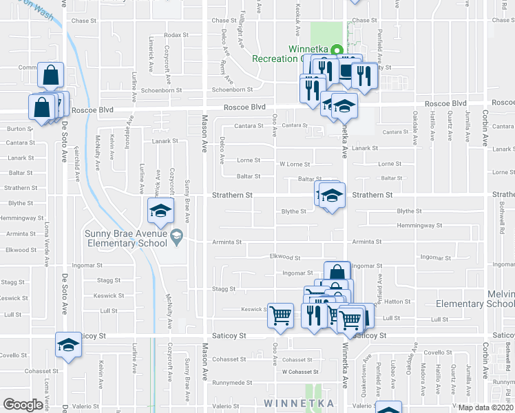 map of restaurants, bars, coffee shops, grocery stores, and more near 7938 Casaba Avenue in Los Angeles