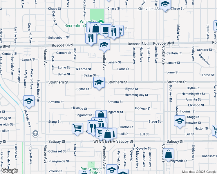map of restaurants, bars, coffee shops, grocery stores, and more near 20051 Blythe Street in Los Angeles