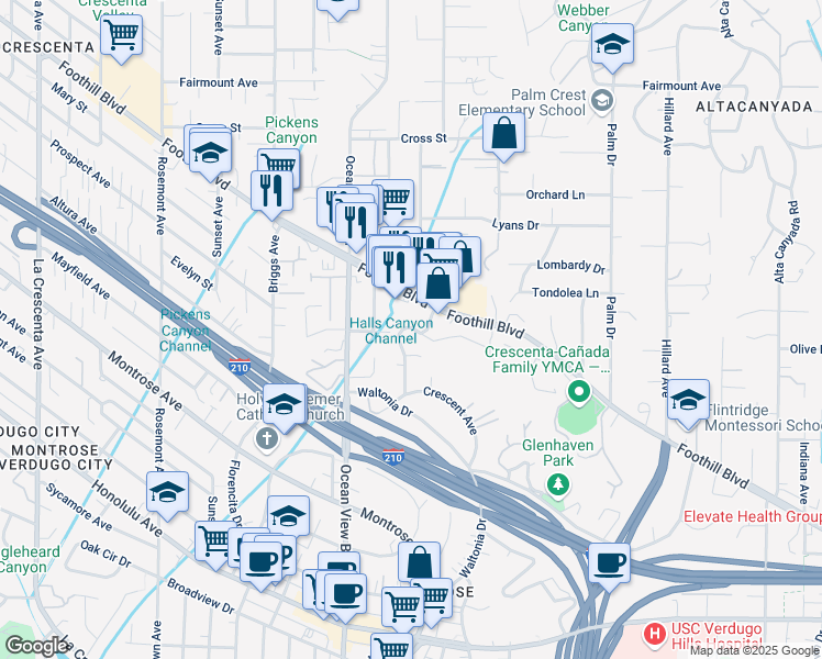 map of restaurants, bars, coffee shops, grocery stores, and more near 4474 Rockland Place in La Cañada Flintridge