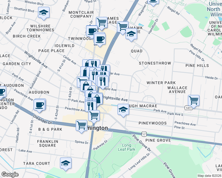 map of restaurants, bars, coffee shops, grocery stores, and more near Maple Avenue in Wilmington