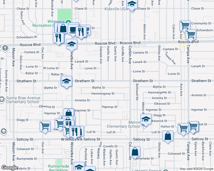 map of restaurants, bars, coffee shops, grocery stores, and more near 19833 Blythe Street in Los Angeles