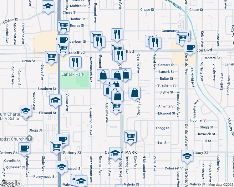 map of restaurants, bars, coffee shops, grocery stores, and more near 21410 Strathern Street in Los Angeles