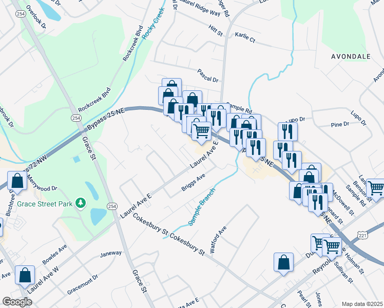 map of restaurants, bars, coffee shops, grocery stores, and more near 110 Leyland Court in Greenwood