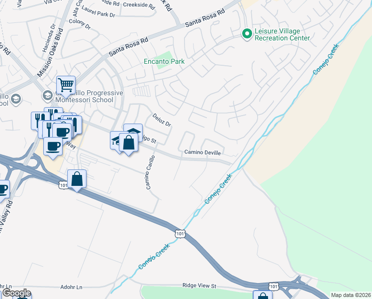 map of restaurants, bars, coffee shops, grocery stores, and more near 291 Camino El Rincon in Camarillo