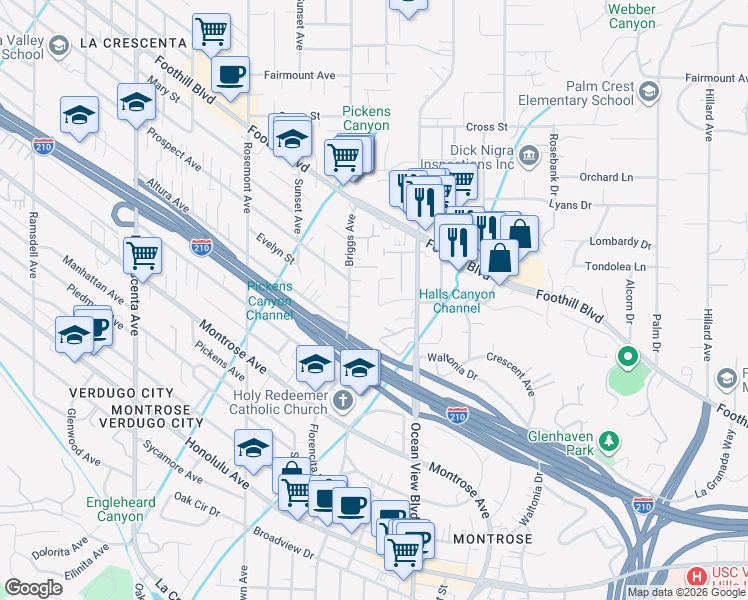 map of restaurants, bars, coffee shops, grocery stores, and more near 2350 Barton Lane in La Crescenta-Montrose