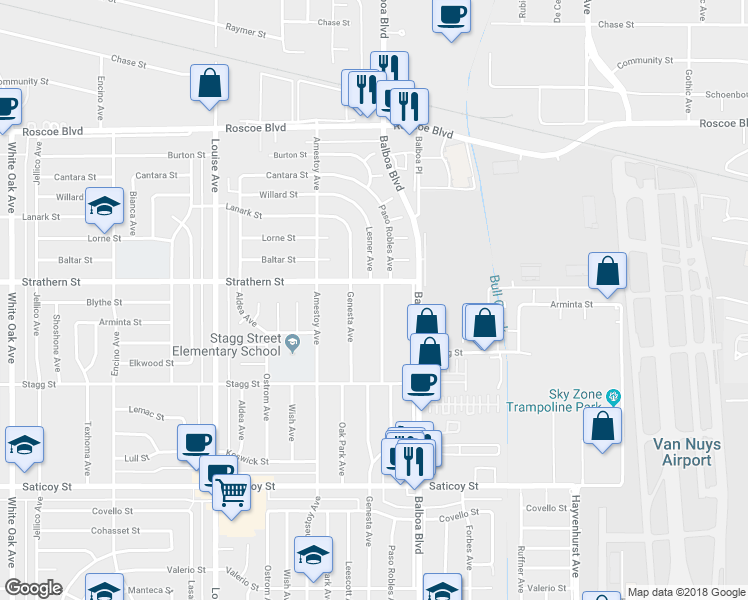 map of restaurants, bars, coffee shops, grocery stores, and more near 7945 Paso Robles Avenue in Los Angeles